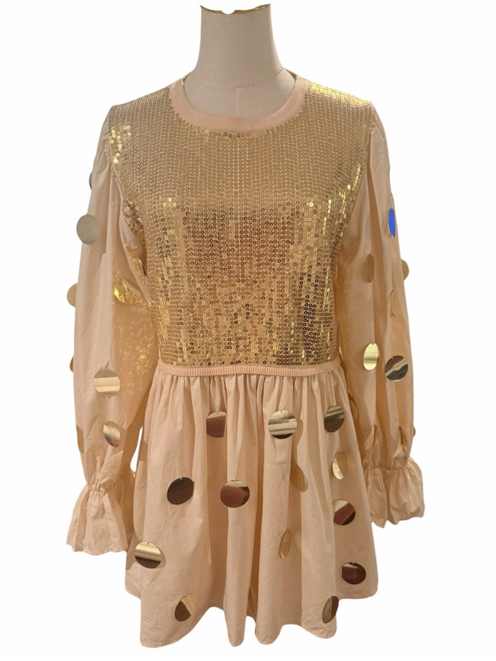Queen of Sparkles Gold Paillette Sequin Babydoll Dress Long Sleeve S - Picture 3 of 16